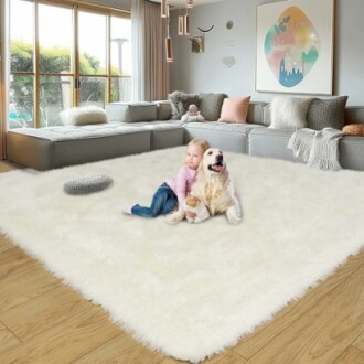 Child sitting with a dog on a white rug in a living room.