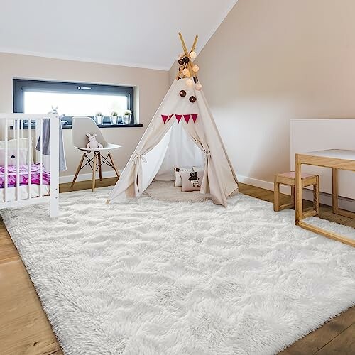 Children's room with a teepee tent, fluffy rug, and crib.