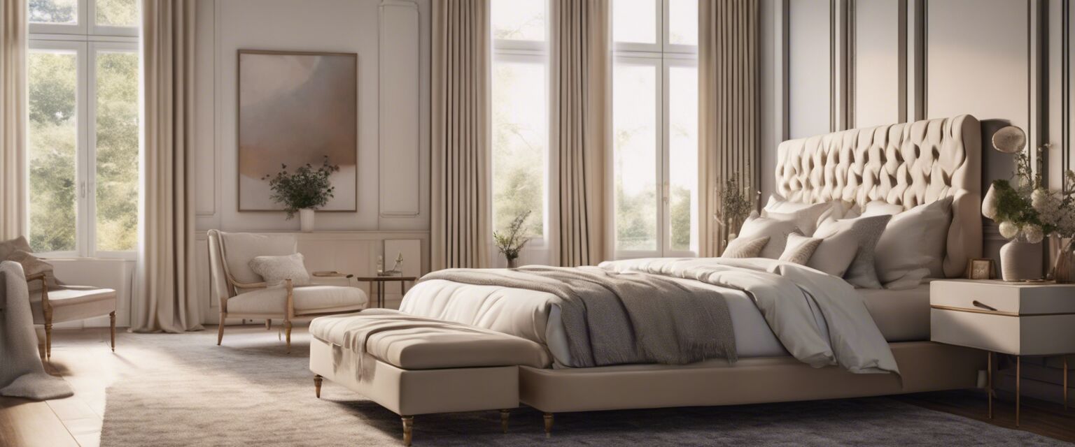 Overview of a bedroom with cream bed frame