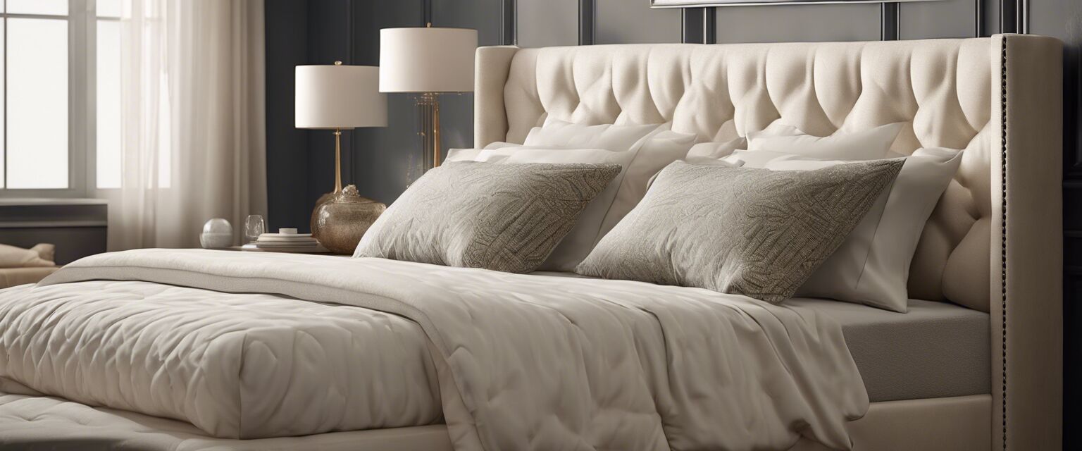 Cream upholstered bed frame with pillows