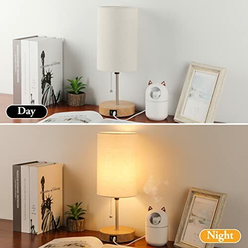 Comparison of a bedside lamp during day and night, with books and decor on a wooden table.