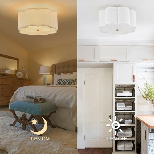 Two images showing a light fixture in a bedroom turned on and in a kitchen turned off.