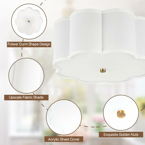 Elegant white light fixture with flower shape, fabric shade, acrylic cover, and golden nuts.