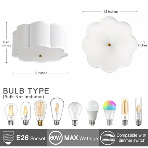 Flower-shaped ceiling light fixture with bulb type options and dimensions.