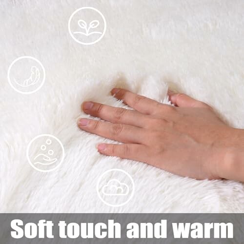 Hand touching soft white fabric with icons and text.