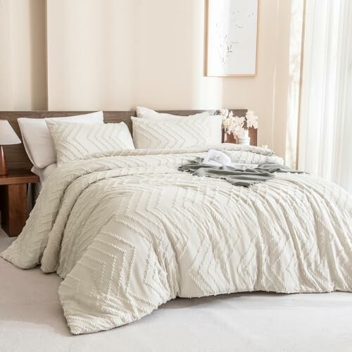 Cozy bedroom with neutral bedding and wooden bed frame.