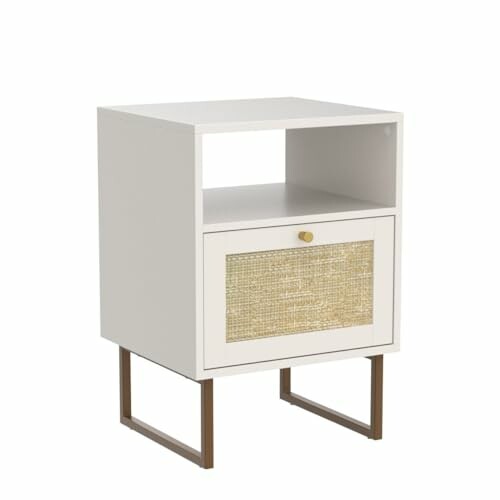 White modern nightstand with open shelf and drawer.