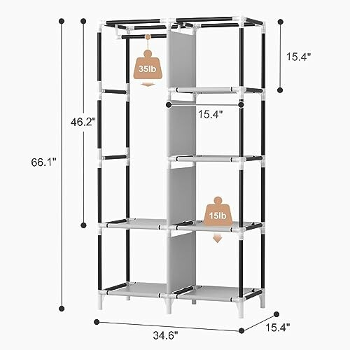 Modular storage shelf unit with dimensions and weight capacity labels.