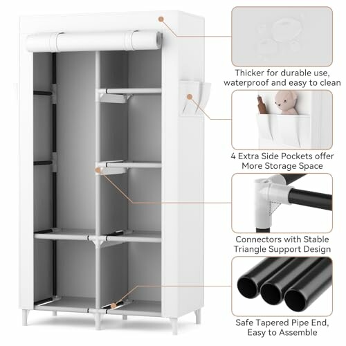 Portable wardrobe closet with thicker material, extra side pockets, stable connectors, and tapered pipe ends.