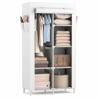 Portable wardrobe with clothes and storage boxes