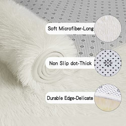 Rolled white microfiber rug with soft texture, non-slip dots, and durable edges.