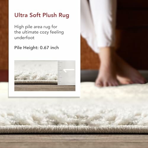 Ultra soft plush rug with high pile area, shown with measurement and person stepping on it.