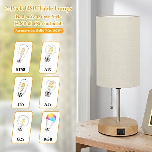 Table lamp with USB port and bulb options.