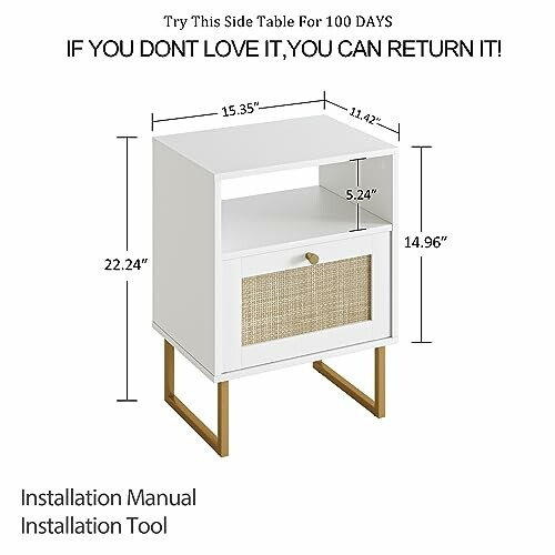 White side table with drawer and gold legs, dimensions labeled.