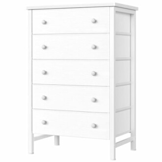 White wooden dresser with five drawers