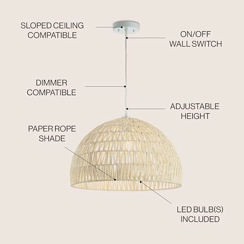 Woven pendant light with paper rope shade and adjustable features.